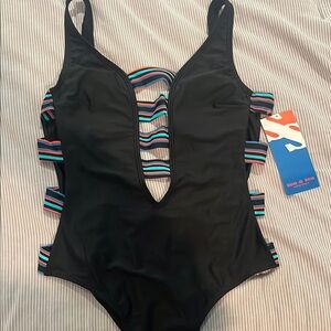 Stylish Black One Piece with Strappy V-Neck